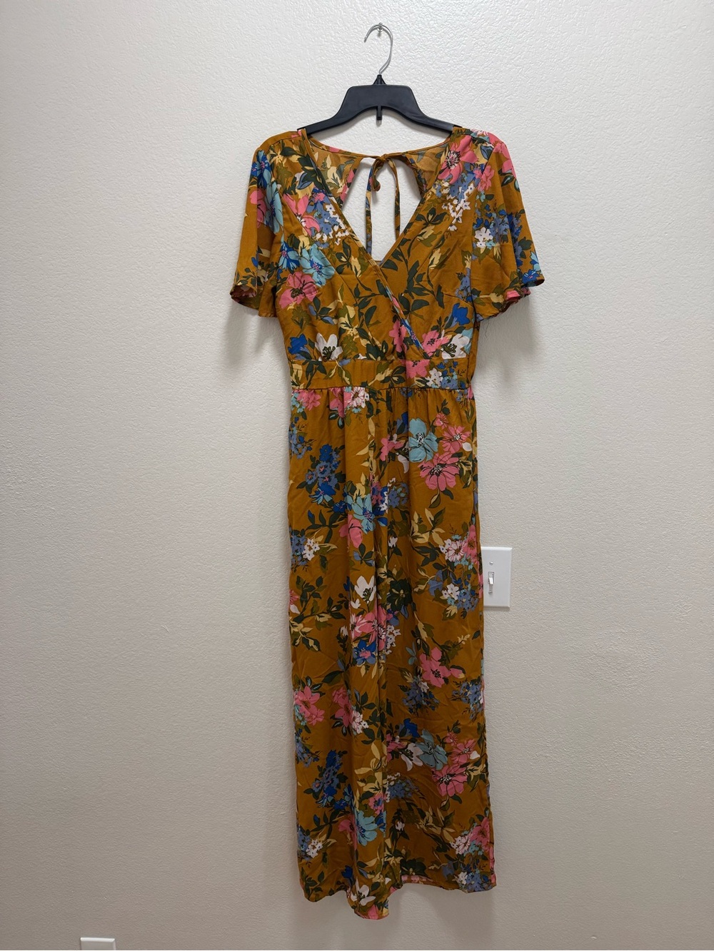 Mustard Floral Maxi Dress with Tie-Back